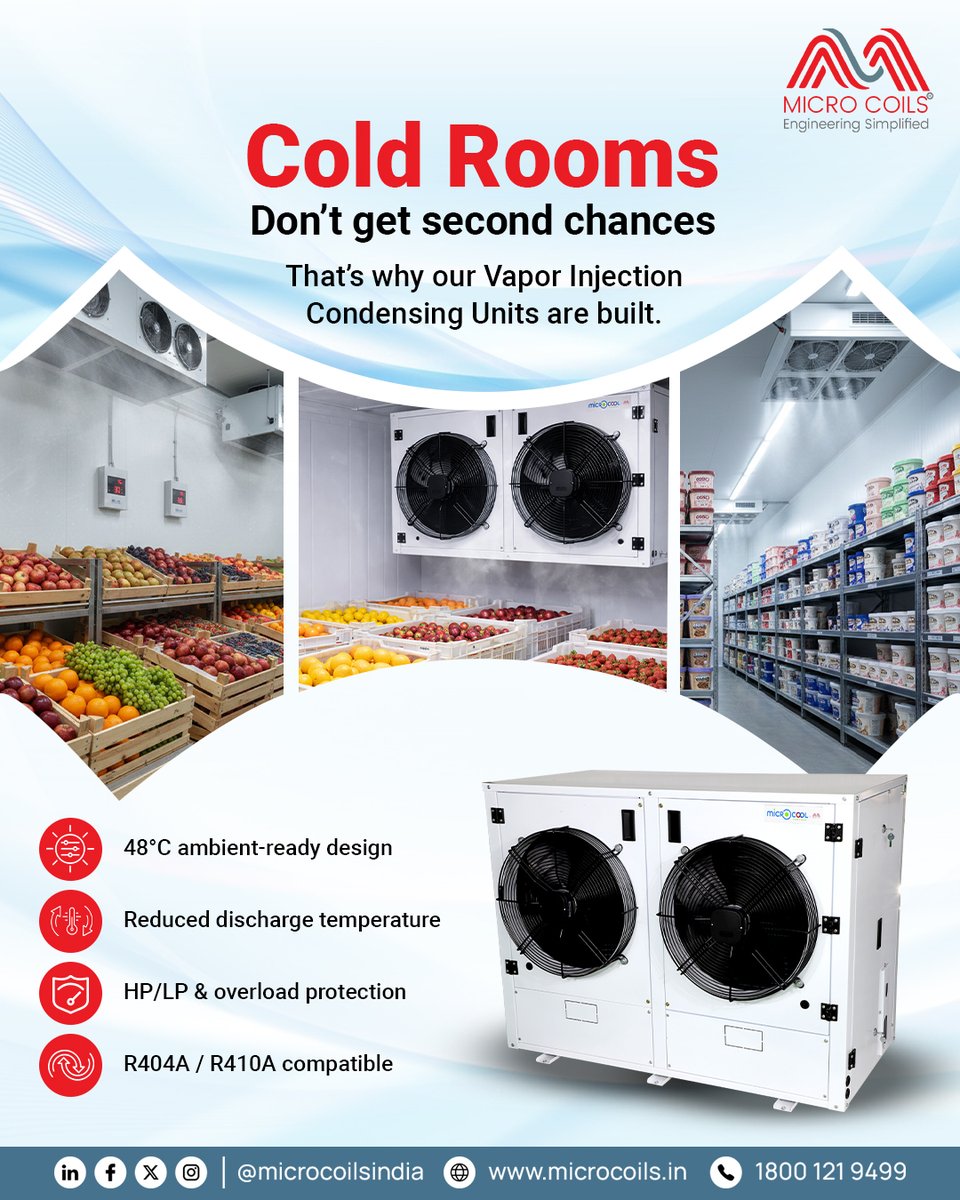 MicroCoilsIndia's tweet photo. Refrigeration performance is proven under pressure. Built for negative temperatures and high ambient heat, our Vapor Injection Condensing Units deliver reliable performance in real-world conditions.

Explore more: https://t.co/onxWUZEaDn

#MicroCoilsIndia #Industrial #HVACR https://t.co/6Flp11jGxo