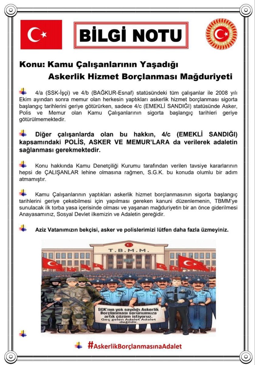 <a href="/Kamubiz_com/">Kamubiz KAMU HABERLERİ BİZDEN!</a> <a href="/MHP_Bilgi/">MHP</a>  den Polis. Asker ve Memurların #AskerlikBorçlanması mağduriyetinde yaşadığı büyük hak kaybını çözmek adına harekete geçtiği haberini duymak istiyoruz artık.
<a href="/dbdevletbahceli/">Devlet Bahçeli</a> 
<a href="/MhpTbmmGrubu/">MHP TBMM Grubu #MHP</a>
<a href="/erkanakcay45/">Erkan Akçay</a>
