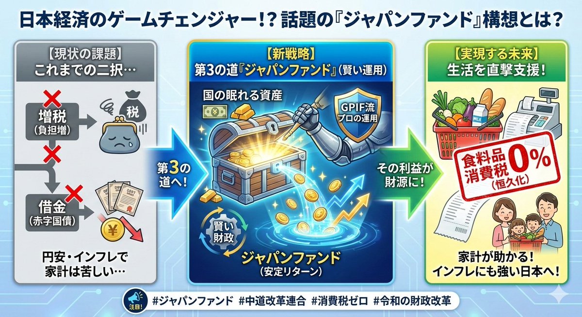 policystyle's tweet photo. 日本経済のゲームチェンジャーになるかも…？

#中道改革連合 が掲げる「ジャパンファンド」がめちゃくちゃ熱い。 簡単に言うと「国の眠れる資産をプロが運用して、その利益で消費税（食料品）をゼロにする」って話。

「増税か借金か」の二択から、第3の道「運用」を。
これ、もっと注目されるべき！ https://t.co/VkVIX1yqDx