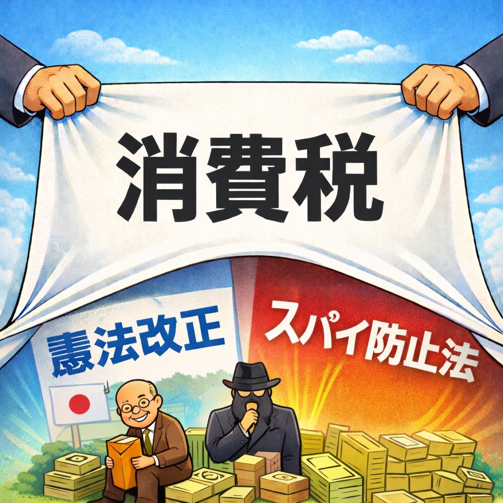 🚨今回の総選挙🚨

⚠️注意喚起⚠️
国民の視線は「消費税減税」に意図的に集中させられている。

だが本当に隠されているのは、一度通ったら後戻りできない問題だ。

・憲法改正
・緊急事態条項
・スパイ防止法
・基本的人権の制限
・報道と表現の自由