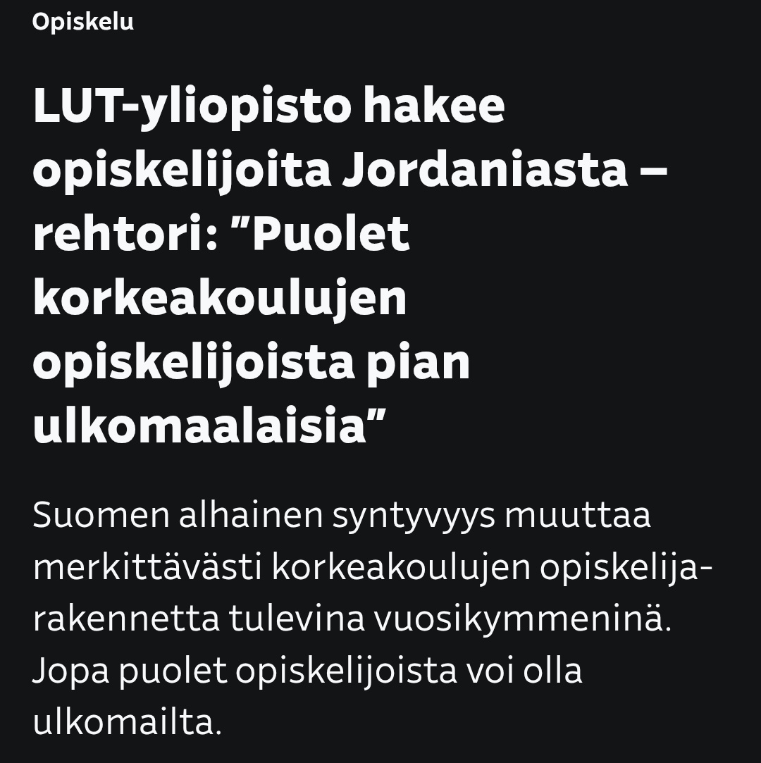 Tämä on oppikirjaesimerkki (sektoritason) räikästä.

Demografinen romahdus johtaisi terveessä järjestelmässä korkeakouluverkon supistamiseen, fokusointiin ja priorisointiin. Ei kuitenkaan Suomessa, koska pyhän rakenteen on säilyttävä seuraaville sukupolville. 

Nyt opiskelijoita