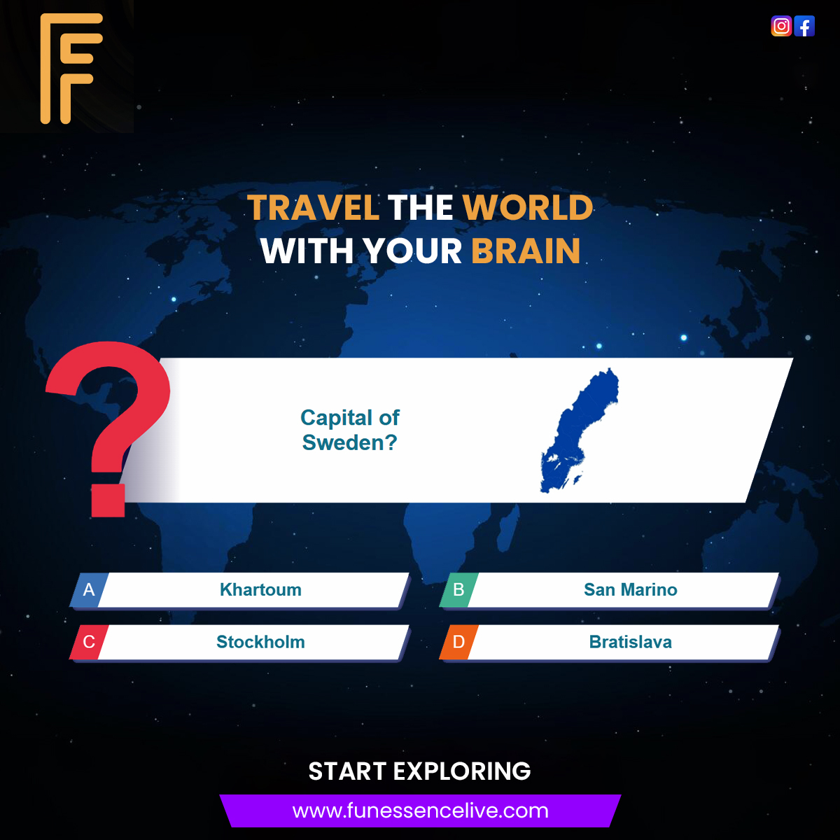 funessencelive's tweet photo. How well do you know the world?
Guess the capital and put your brain on adventure!
#funessencelive #brainchallenge #travelquiz #worldquiz #playandlearn #quiztime #mindgames #smartfun #triviachallenge #traveltrivia #knowledgegame #gameplatform #quizonline #learnwhileplaying https://t.co/3ynyc5O1v2