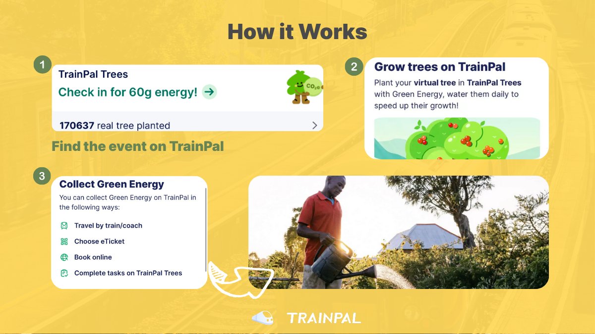 trainpal_go's tweet image. Your next journey is planting hope! 🌍 
We're turning journeys into forests. Choose train travel → Collect Green Energy → Grow your virtual tree → We plant a real one for you!    
Start your green story now on TrainPal! #trainpal#treenation