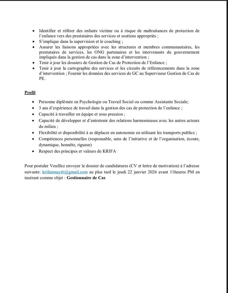 Recrutement de deux Gestionnaires de Cas