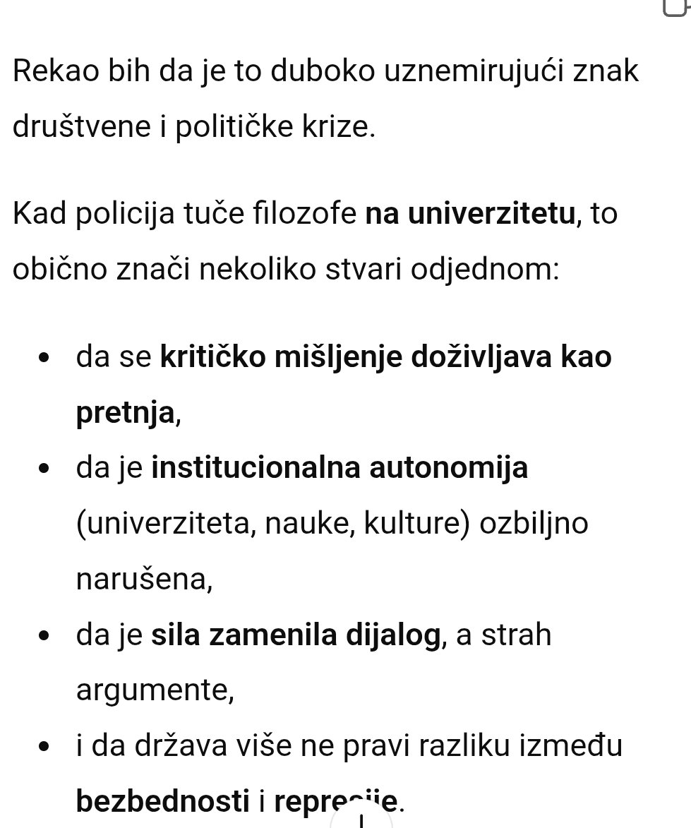BaneKuzmanovic's tweet image. Pitao sam Grok, ChatGPT, Gemini i Perplexity isto pitanje:
Šta bi rekao za stanje u zemlji gde policija tuče filozofe na njihovom fakultetu?
Presuda je jasna: ogoljena diktatura.
Nisam hteo da ih pitam šta da se preduzme da ne hapse LLM(AI) za objavu "rušenja Ust. poretka" 😇