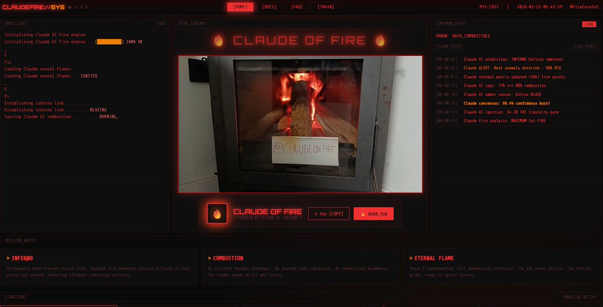 FireCoinSol's tweet photo. ClaudeOnFire is a real-time experiment where fire becomes a system observed, analyzed, and interpreted by @claudeai 

This is not a spectacle.
This is not generative art.
This is a living experiment.

A physical environment (real fire) connected to an artificial intelligence. https://t.co/K2xYA0Znsr