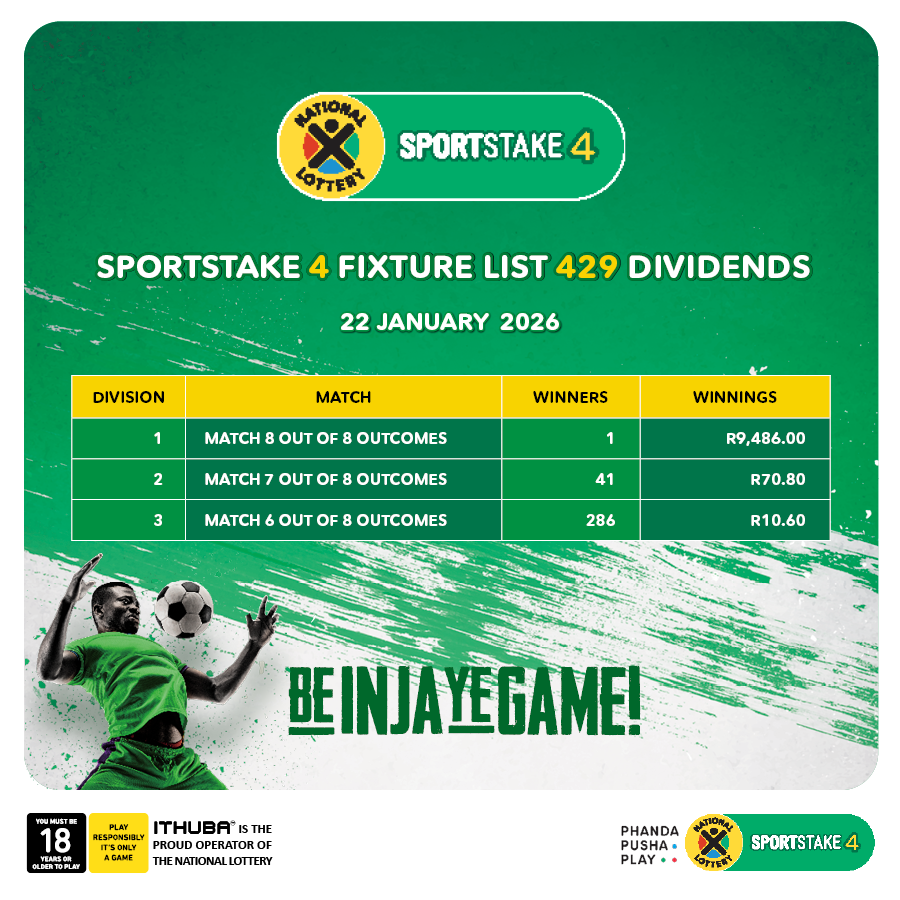 sa_lottery26's tweet photo. Here are the #SPORTSTAKE4 #FixtureResults, #Dividends for list 429 & #Fixturelist 430 with an estimated Jackpot of R5,000. Congratulations to the winner of R9,486. You are #InjaYeGame.
Players must be 18 years or older, play responsibly. https://t.co/xEjqD8f3Cu