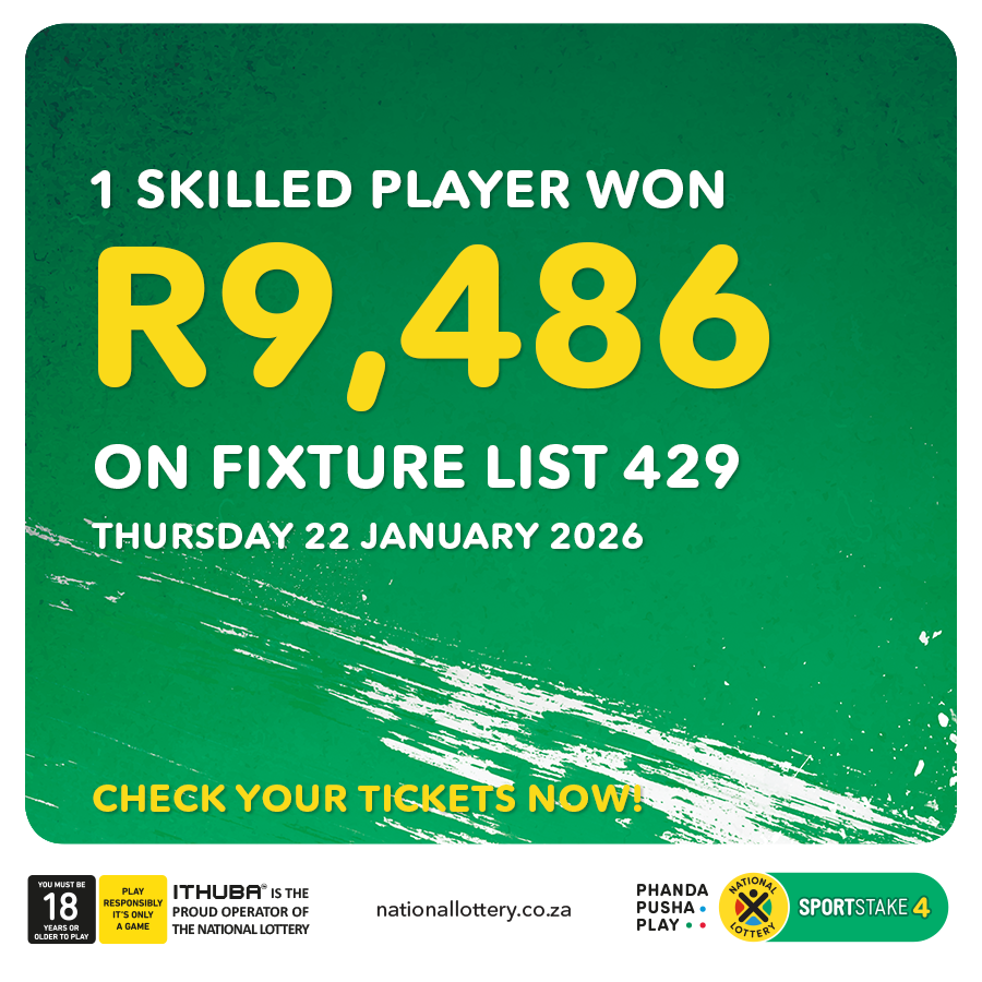 sa_lottery26's tweet photo. Here are the #SPORTSTAKE4 #FixtureResults, #Dividends for list 429 & #Fixturelist 430 with an estimated Jackpot of R5,000. Congratulations to the winner of R9,486. You are #InjaYeGame.
Players must be 18 years or older, play responsibly. https://t.co/xEjqD8f3Cu