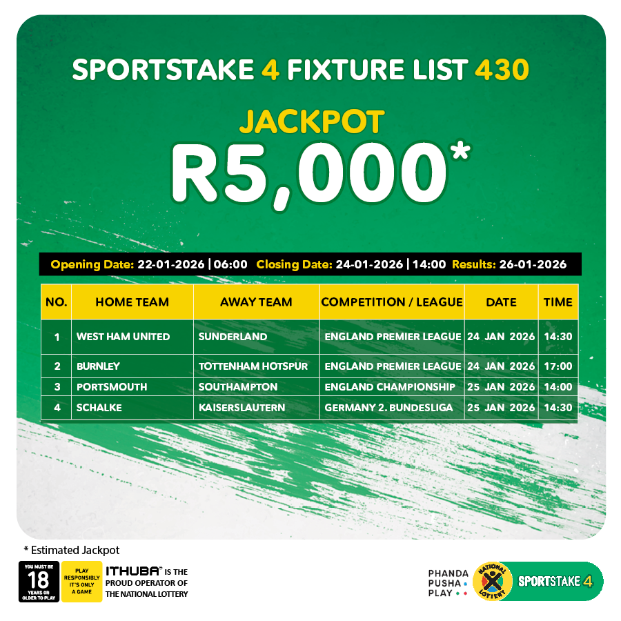 sa_lottery26's tweet photo. Here are the #SPORTSTAKE4 #FixtureResults, #Dividends for list 429 & #Fixturelist 430 with an estimated Jackpot of R5,000. Congratulations to the winner of R9,486. You are #InjaYeGame.
Players must be 18 years or older, play responsibly. https://t.co/xEjqD8f3Cu