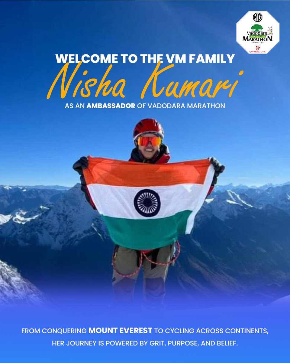 A proud moment for the Vadodara Marathon family. 🇮🇳🏔️

We’re thrilled to welcome Nisha Kumari as the Ambassador of the Vadodara Marathon.

Welcome to the VM family, Nisha!

#MGVM #VM #VadodaraMarathon #VMFamily #MarathonAmbassador #WomenWhoInspire #GritAndGlory #RunWithPurpose