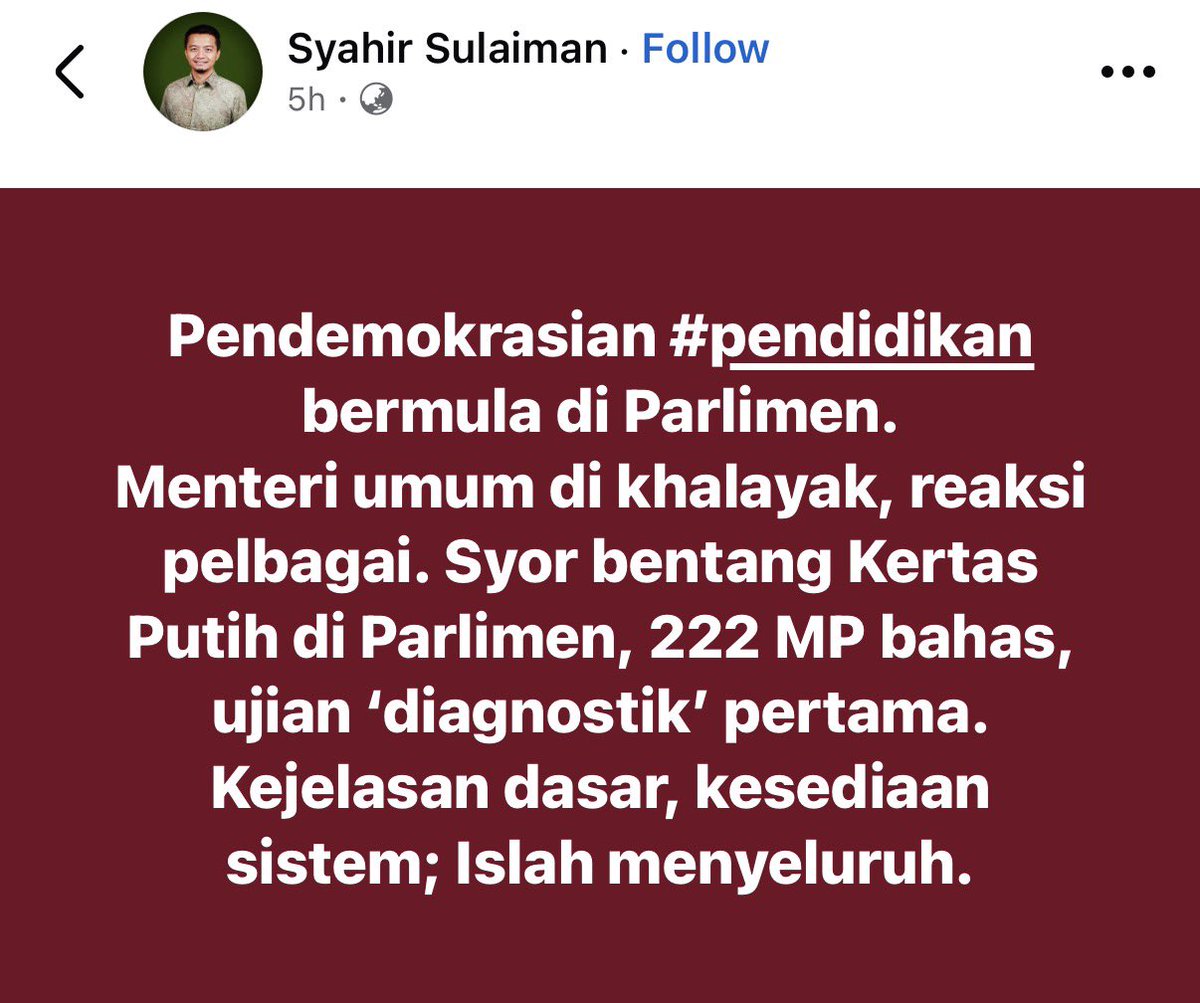 abuhafiz1's tweet photo. Saya sokong syor perbahasan itu dalam Parlimen. Cuma, ketika kalian hapuskan peperiksaan itu semasa memerintah 33 bulan; ada anda bentang dan bahas di Parlimen? Tiada bukan? https://t.co/mKvu4PT3mR