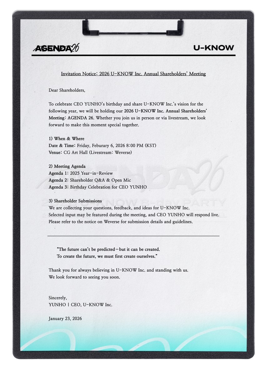 2026 U-KNOW B-day PARTY
[AGENDA 26]

참여기간
🗓️2026/01/23 (FRI) 2PM (KST) ~2026/01/30 (FRI) 2PM (KST)

팬 참여 코너
🔗weverse.io/tvxq/notice/33…

#UKNOW #유노윤호
#TVXQ! #동방신기 #東方神起
#AGENDA26