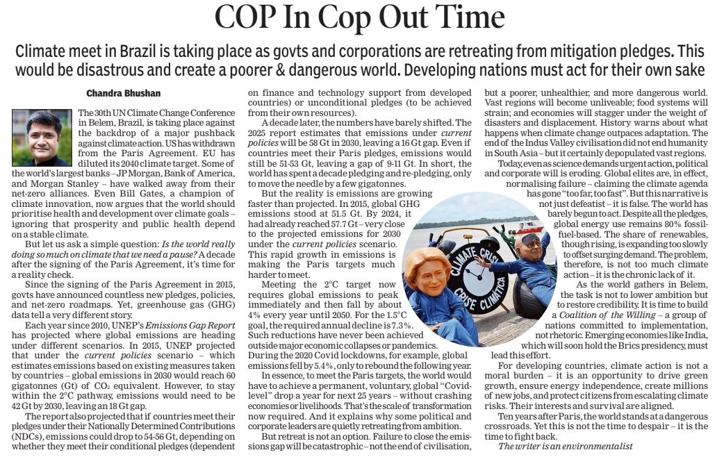 iForestGlobal's tweet image. 💡The math on climate action has changed—and not in our favour. This replug of @Bh_Chandra’s COP30 analysis in @timesofindia shows why meeting the Paris targets now demands a scale of transformation never seen before.🧵

#ClimateCrisis #ClimateActionNow #ParisAgreement