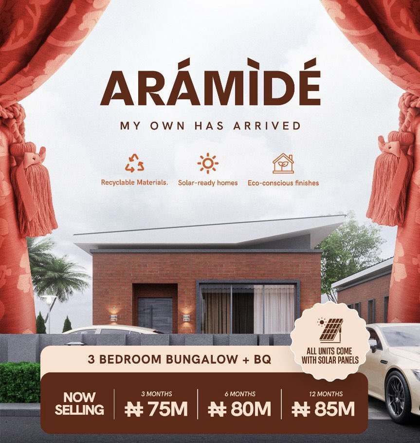 Francessmarty's tweet photo. 🏠 ARÁMIDÉ BUNGALOW 🏠

Eco-conscious 3-Bedroom Bungalow + BQ
📍 Aiyetoro, Ibeju-Lekki (Lekki Epe Expressway)

☀️ Solar power
🌱 Sustainable materials
🔒 24/7 security

💰 ₦75m
💳 ₦3m initial deposit | 6-month plan

#realtorsmarty Fela Speed Peller Egungun Pafos GM CT Amen https://t.co/4nCRQn2Xuc
