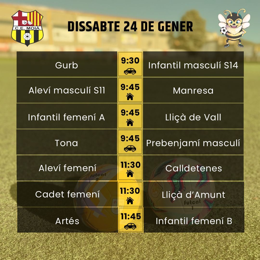 cemoia1922's tweet photo. ⚽️HORARIS CAP DE SETMANA⚽️
Som-hi Moià! 💛🖤
#somhimoià #futbol #moià #fcf #futcat #futfem #futbase #moianès https://t.co/WtF8xB7SsK