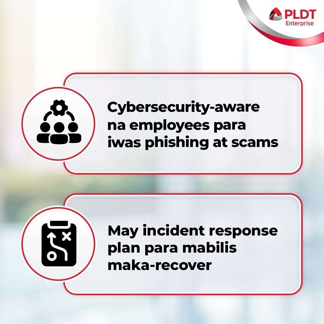PLDTEnterprise's tweet photo. Kapag updated ang systems, may antivirus sa lahat ng devices, alam ng team kung paano iwasan ang scams, at may incident plan ka, mas kampante ka kahit may cyber threats.🔐

Learn more: https://t.co/Yt2o2qV9Q8

#CommittedToYourSuccess https://t.co/OoVFGsasbs
