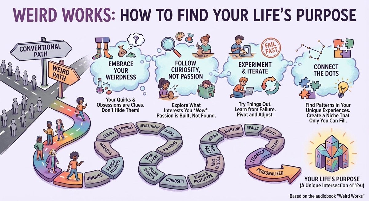Embrace Your Weirdness: Recognize quirks as clues to your unique strengths
Follow Curiosity Not Passion: Explore current interests, passion develops over time
Experiment &amp; Iterate: Try ideas, learn from failures, adjust
Connect the Dots: Identify patterns in experiences, purpose?