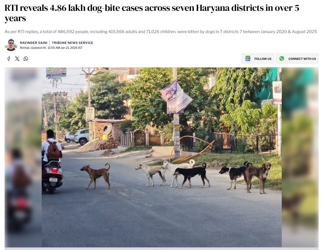 MintOminty's tweet photo. Reported Dog bites incident from just 7districts of Haryana are 486,000
In 5 years = 1826 days

266 dog bites per day 😡😡 

Imagine country like ours is unnecessary burden on health system, unnecessary sufferings of poor people children and elderly people 

We have to eliminate stray monsters