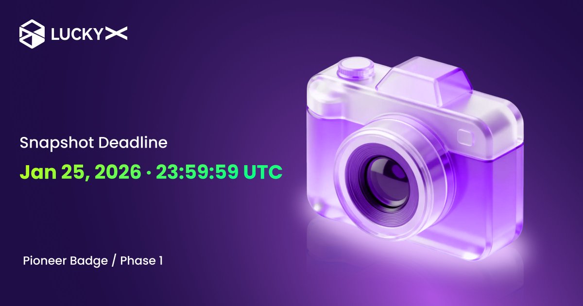 luckyx_game's tweet image. Snapshot Deadline — Phase 1 Pioneer Badge NFT

The snapshot for Phase 1 Pioneer Badge NFT (on Base) will be taken at:

📸 January 25, 2026 at 23:59:59 UTC

Only accounts that are activated before this time will be included in the snapshot and eligible to mint the NFT.

After the…