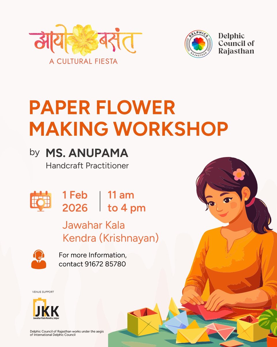 Discover the art of handcrafted paper flowers at our Paper Flower Making Workshop led by Ms. Anupama, Handcraft Practitioner.

🗓️1 February 2026 | ⏰ 11:00 AM – 4:00 PM
📌Jawahar Kala Kendra (Krishnayan)

Registrations are now open.
Register here - shorturl.at/5Qtty