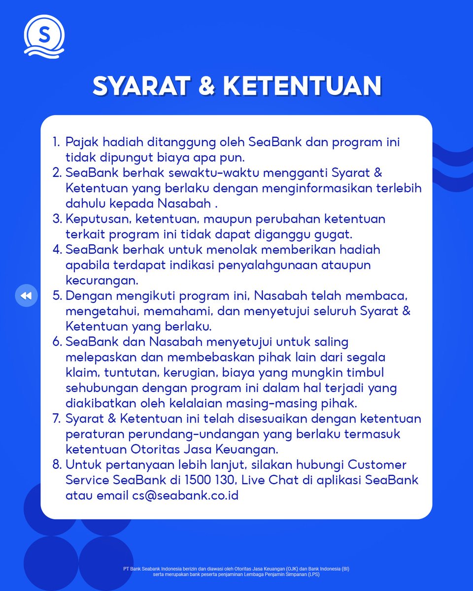 WAKTUMU SEMAKIN MENIPIS UNTUK IKUTAN GIVEAWAY SEABANK 😢

Kalau tiba-tiba dapet IPHONE 17, ngga mungkin nolak kan? 🤭 Coba keberuntunganmu dengan mengikuti syarat dan ketentuan GIVEAWAY SEABANK!

1. Periode program berlaku pada 5 Januari - 27 Januari 2026
2. Ketentuan untuk