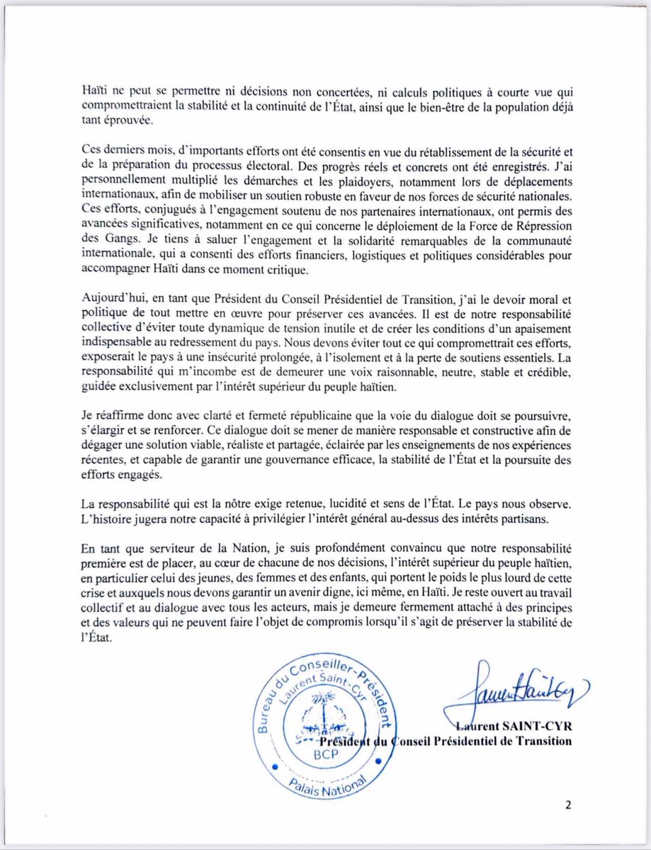 Lettre du Président du Conseil Présidentiel de Transition, Son Excellence Monsieur Laurent SAINT-CYR