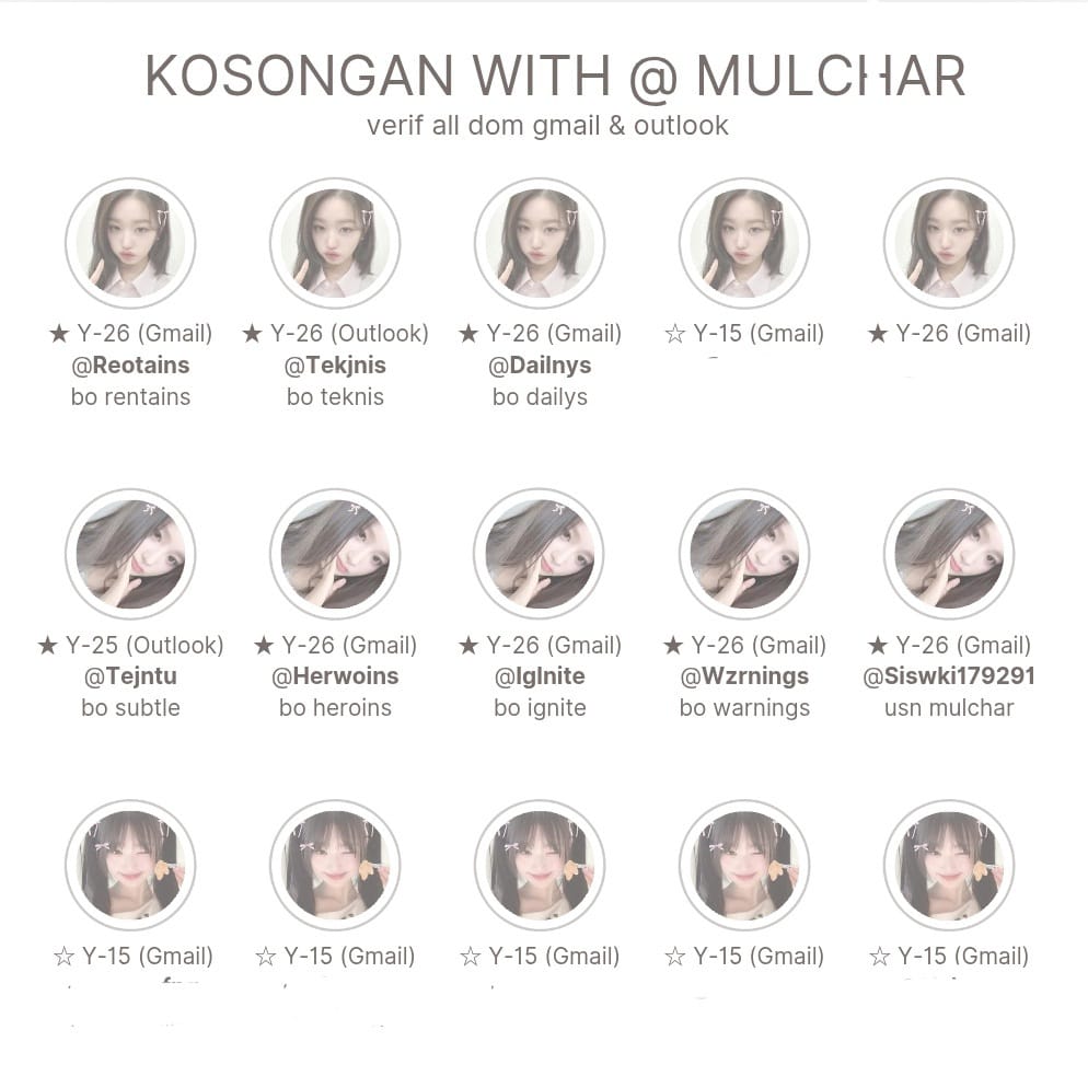 nelestial's tweet image. wts acc kosongan with @ mulchar 

   ❦. v all &amp;amp; v email dom gmail &amp;amp; outlook
   ❦. mt ht dimainin dulu
   ❦. ★ outlook, ☆ gmail y26
   ❦. go green (-ssb ganti @)
   ❦. dapet pw email, nongar 

price: 
★ v all: 13k / acc.
☆ v email: 16.5k/acc

tags. #zonauang