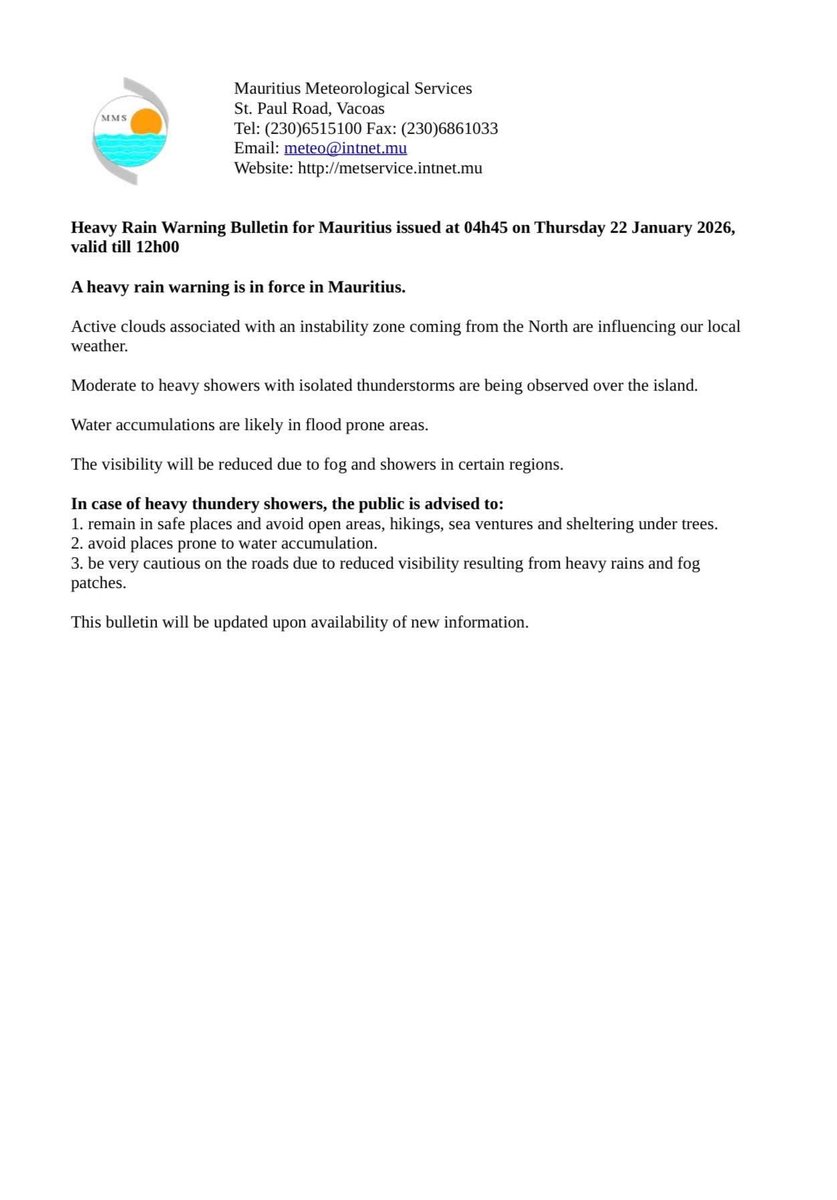 Heavy rain warning in place for Mauritius. Monitor official bulletins and  follow the advice of local authorities. If you require consular assistance  call the AHC on ☎️ +230 202 0160 (office hours)