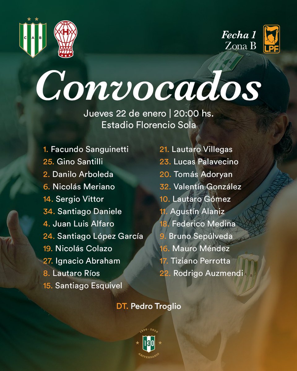 CAB_oficial's tweet image. 𝐂𝐨𝐧𝐯𝐨𝐜𝐚𝐝𝐨𝐬 📋 para recibir a Huracán por la primera fecha del Torneo Apertura 2026.

• Lisandro Piñero no fue citado a modo de prevención por una sobrecarga en el cuádriceps derecho.
• Martín Río no es parte de la convocatoria debido a que se está negociando su…
