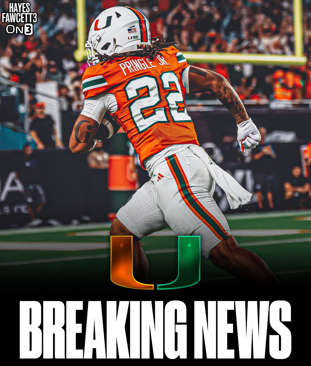 Hayesfawcett3's tweet image. BREAKING: Miami true freshman RB Girard Pringle Jr. is entering the @TransferPortal, his agent tells @On3

The 5’10 190 RB was ranked as the No. 5 RB in the 2025 Class (per On3 Industry)

He’s repped by @AiC_Athletes 

on3.com/transfer-porta…