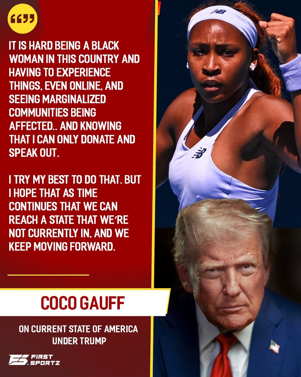 FS_Tennis1's tweet photo. Coco Gauff reflects on the challenges faced by marginalized communities, saying she chooses to speak up and support change, while believing that with time, America can grow into a fairer and more united place. 🌍✊

#AO https://t.co/8Onuui30gI