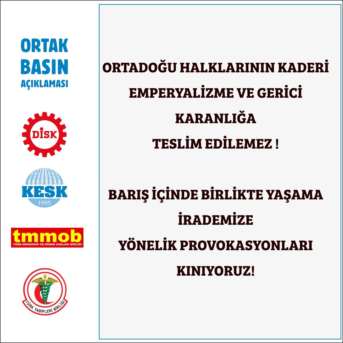 ORTADOĞU HALKLARININ KADERİ EMPERYALİZME VE GERİCİ KARANLIĞA TESLİM EDİLEMEZ !
BARIŞ İÇİNDE BİRLİKTE YAŞAMA İRADEMİZE YÖNELİK PROVOKASYONLARI KINIYORUZ!👇🏼

kesk.org.tr/2026/01/21/ort…