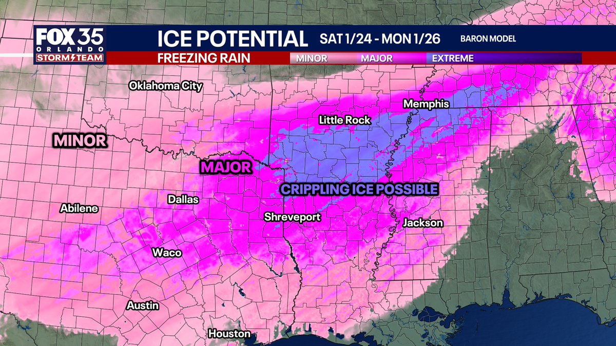 NbergWX's tweet photo. WINTER STORM UPDATE: ICE POTENTIAL
Going to break this up into several posts as there is way too much to put in one post. Will do a Facebook LIVE Thursday and Friday evenings. Regarding ICE, you will see on your TV and apps pink on the future radar. Pink is not created equal. Those are all cute and pretty for your short 3 minute TV forecast but misleading. Pink is either sleet or freezing rain, not both at the same time.

There will be a wild push of warm air aloft. Saturday night into Sunday morning, there will be places in NE TX, central AR, west KY, WV, and Virginia with air temps in the 10s, and heavy SLEET falling. And you will be probably shocked that is even possible.

The storm will take several phases. The first radar image below is what I think should likely as of now be the furthest NORTH extent the sleet line makes it where the pink gets which will cut into snow totals.

The lines on the map are the temps of 32 degrees at 5,000 feet and the ground. From the PINK LINE north, any pink on the future radar would be falling as heavy SLEET, like so heavy it sounds like someone throwing rocks at your windows. BETWEEN the lines, most likely P TYPYE would be freezing rain.

Freezing rain = glazed donut 
Sleet = sprinkles

Freezing rain takes down trees and your power for days to weeks.
Sleet bounces off everything, sounds crazy, is a pain in the rear, but doesn't take down power or trees.

The very specific line that things remain more freezing rain vs sleet will be fine tuned as the storm nears.

Where it stays mostly freezing rain, a crippling ice storm is possible in far NE Texas, southern Arkansas, SW Tennessee, and far NW Mississippi. Notice how places like northern Alabama get nearly 0 ice, but north Georgia may. That's "CAD" (cold air damming) where cold at the ground travels south in the valleys and around the mountains. Meaning, interior South Carolina gets hammered with freezing rain and interior North Carolina, while places north get more sleet.

The mix will come in waves starting Friday night and ending Sunday evening. Hopefully this post made sense.

Remember, sleet is NOT hail.
Hail forms going upwards in a thunderstorm.
Sleet forms from a melted snowflake (what goes from a snowflake to a raindrop) back into a ball of ice while falling in the sky. NOT hail. Sleet is much smaller and more uniform than hailstones.