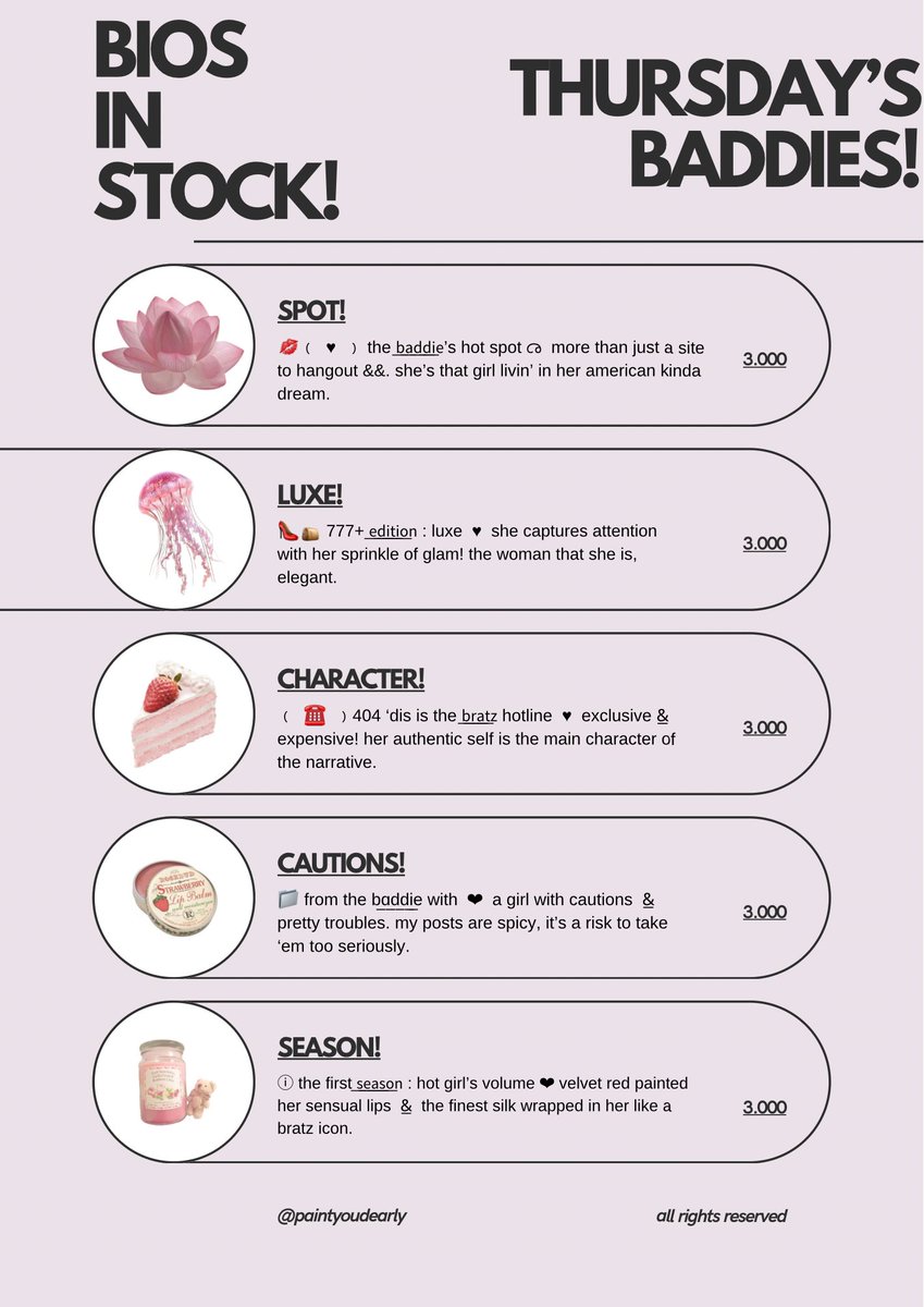 paintyoudearly's tweet image. 𓈒⠀⠀𓏸⠀⠀𓇼 a repost, please? thank you! 🍮🥄 

happy thursday, lovelies! aku punya bio wording baddies &amp;amp; angels series ready stock yang bisa diklaim sekarang juga. 🍧🎀 grab these beauties fast! &amp;lt;3 #zonauang