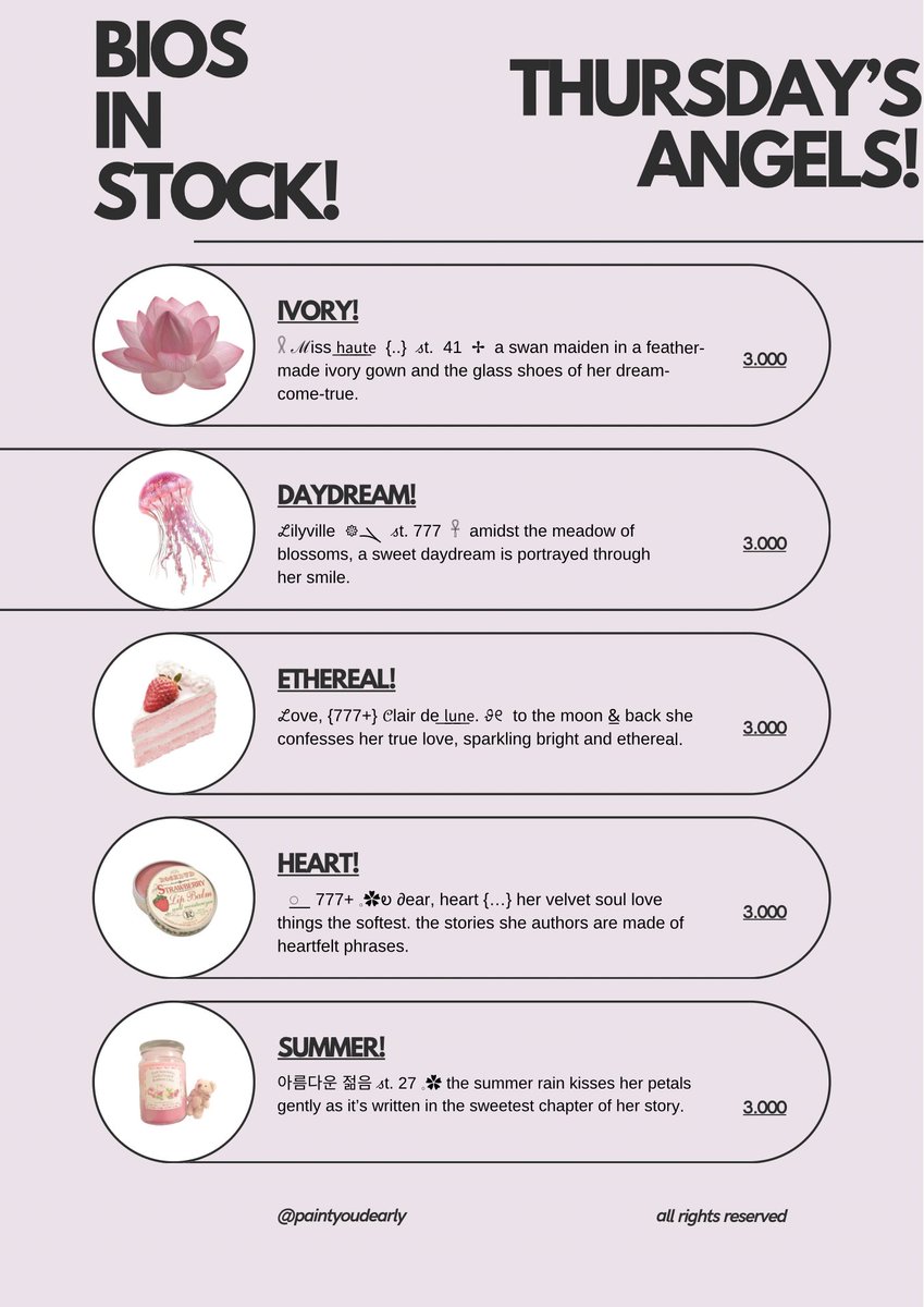 paintyoudearly's tweet image. 𓈒⠀⠀𓏸⠀⠀𓇼 a repost, please? thank you! 🍮🥄 

happy thursday, lovelies! aku punya bio wording baddies &amp;amp; angels series ready stock yang bisa diklaim sekarang juga. 🍧🎀 grab these beauties fast! &amp;lt;3 #zonauang