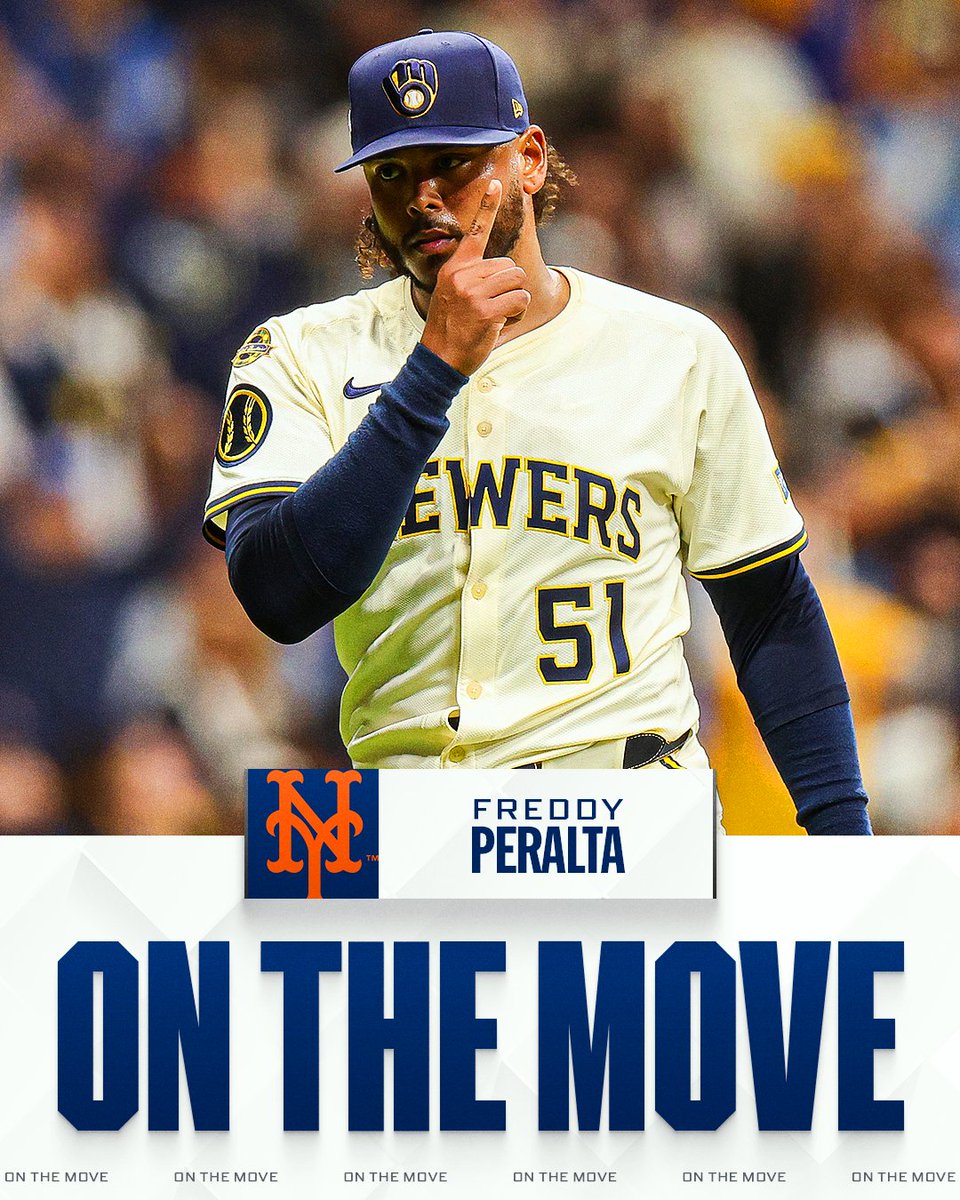MLB's tweet image. Mets reportedly acquire RHPs Freddy Peralta and Tobias Myers from Brewers for SS/OF Jett Williams and RHP Brandon Sproat, per multiple reports including MLB's @Feinsand.