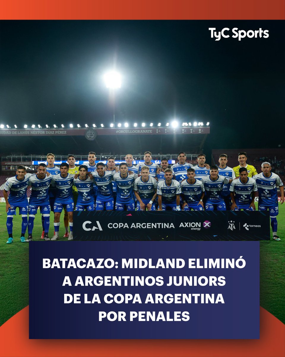 TyCSports's tweet photo. ¡MIDLAND HIZO HISTORIA Y ELIMINÓ A ARGENTINOS EN 32AVOS!🔥🏆

En el estadio de Lanús, el Bicho cayó 6-5 en la tanda de penales ante el Funebrero, tras haber empatado 1-1 en el timepo regular. Mauro Leguiza fue el héroe absoluto, con tres atajadas y el tiro definitivo. https://t.co/UAdwrWomPd