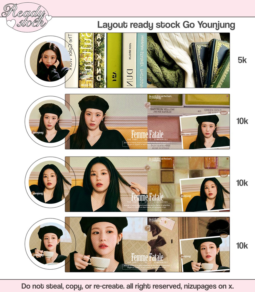 NizuPages's tweet image. Help repost, please? Thanks! 

Hello, aku ada 8 layout ready stock edisi Go Younjung yang bisa kalian jemput dengan harga tertera di foto! Yuk jajan? ♡

#zonauang