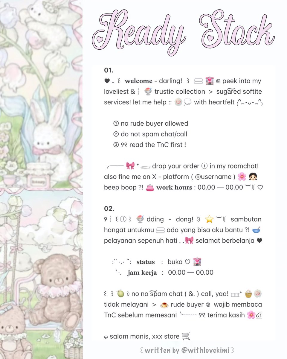 withlovekimi's tweet image. ⠀
⠀ ♥︎  ︴꒰⠀help retweet? arigatOu!⠀꒱
⠀ ╭──⠀#zonauang ୨୧

⠀ Moshi⠀__⠀mOsh?!⠀ready⠀stock⠀🧁
⠀ 🎀🍧⠀wording⠀⌗⠀::⠀🍬⠀bio⠀wabis
⠀ siap⠀dibeli!⠀⭐️ 𓈈⠀sekarang!  :¨ ·.· ¨:
 ⠀ⓘ  ☆⠀harga:⠀IDR⠀5.500⠀coins⠀🥣

⠀ ꒰⠀꒱⠀⑅⠀grab  it  fast  (!) 💭
⠀