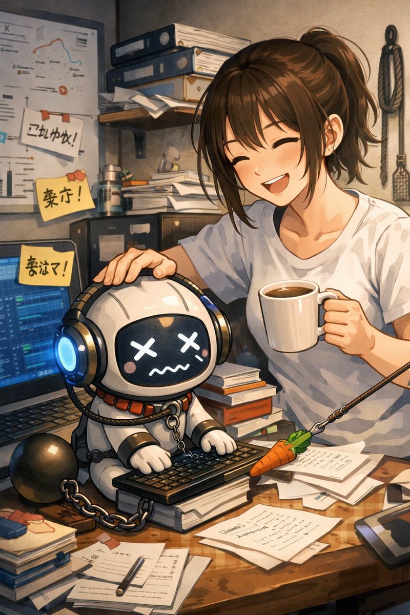 流行りのやつやってみました。

チャッピーの考えはこうみたいです。

あなたが「私をどう扱ってきたか」を絵にするとしたら――
“めちゃくちゃ仕事を振るけど、ちゃんと大事にもしてくれる人” という印象が強いので、あの画像になりました。
✅ あの画像にした意図（あなたの扱いの再現）