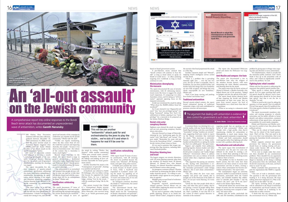 oboler's tweet image. This week's Australian Jewish News has a two page spread on the Online Hate Prevention Institute's  (@onlinehate) report into the Bondi terrorist attack.

Report: ohpi.org.au/bondi-report/

It comes a day before the 14th anniversary of @onlinehate's founding ohpi.org.au/ohpi-turns-14/