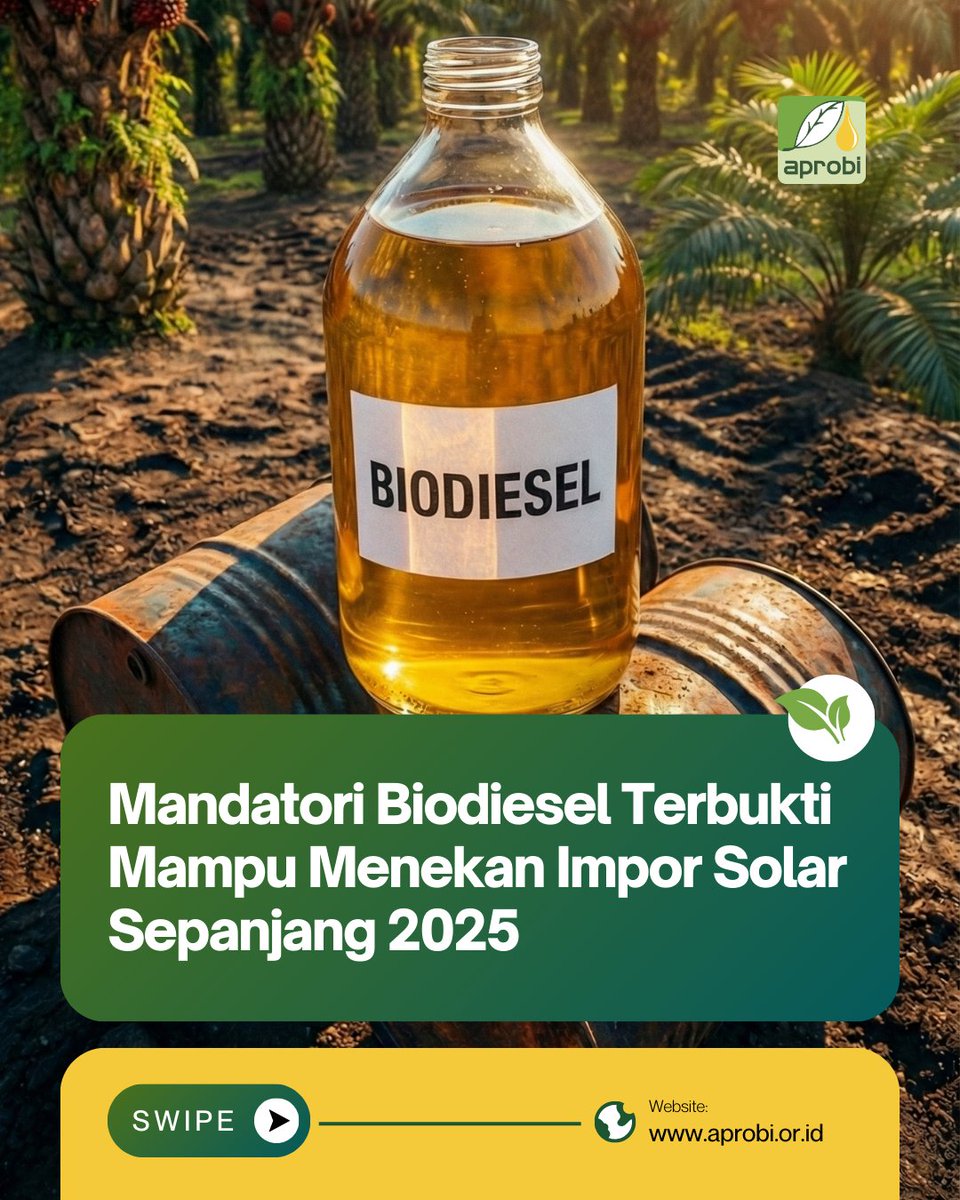 aprobi_id's tweet photo. Impor Solar Turun Drastis!📉Bukti Nyata Kesuksesan Mandatori #Biodiesel 2025 🇮🇩

Tahun 2024, impor #solar mencapai 8,3 juta ton sedangkan pada tahun 2025, turun tajam menjadi sekitar 5 juta ton!

Bayangkan kalau kita sudah masuk ke tahap #B50 nanti!

Siap dukung Indonesia makin mandiri energi? Retweet sebagai bentuk dukunganmu!

#APROBI 
#KemandirianEnergi 
#B40 
#ESDM 
#IndonesiaHebat 
#BanggaIndonesiaHijau
#RenewableEnergy
#EnergiNegeriku
#SukseskanBioFuels