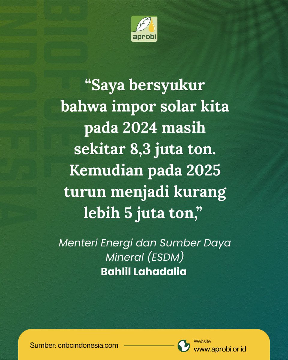 aprobi_id's tweet photo. Impor Solar Turun Drastis!📉Bukti Nyata Kesuksesan Mandatori #Biodiesel 2025 🇮🇩

Tahun 2024, impor #solar mencapai 8,3 juta ton sedangkan pada tahun 2025, turun tajam menjadi sekitar 5 juta ton!

Bayangkan kalau kita sudah masuk ke tahap #B50 nanti!

Siap dukung Indonesia makin mandiri energi? Retweet sebagai bentuk dukunganmu!

#APROBI 
#KemandirianEnergi 
#B40 
#ESDM 
#IndonesiaHebat 
#BanggaIndonesiaHijau
#RenewableEnergy
#EnergiNegeriku
#SukseskanBioFuels