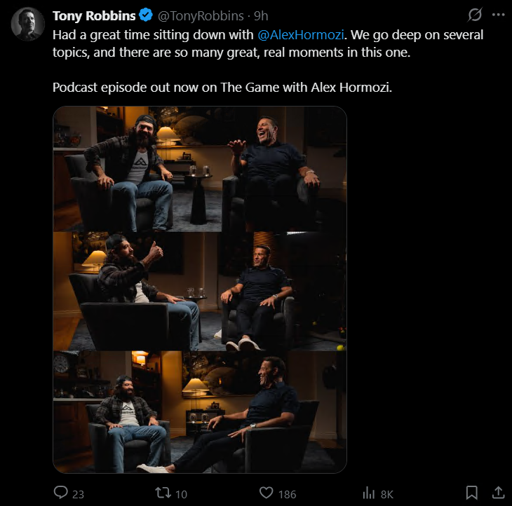 <a href="/TonyRobbins/">Tony Robbins</a> <a href="/AlexHormozi/">Alex Hormozi</a> My tweet will get you more traction than having 3.1M followers. Enjoy