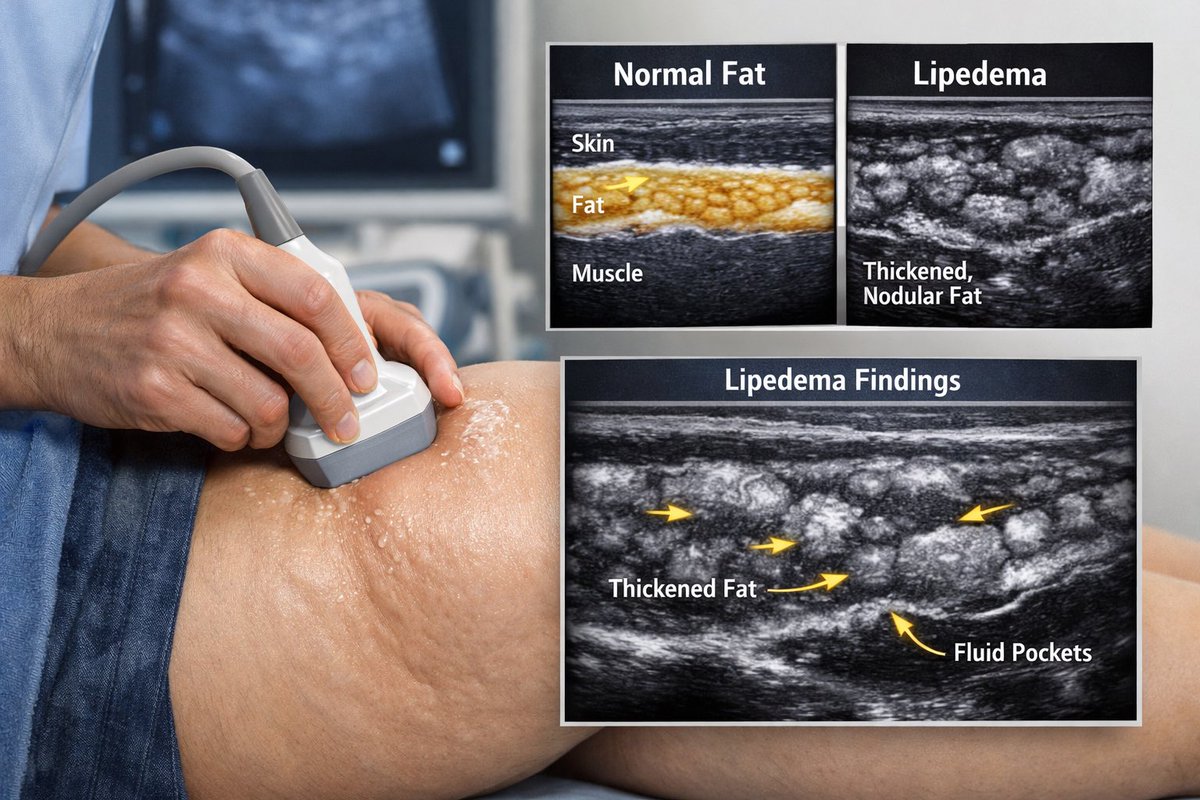 mcorreamd's tweet image. Lipedema: seeing beneath the surface.
Ultrasound is a safe, non-invasive way to evaluate soft-tissue patterns consistent with lipedema.
⚠️ Illustrative image for education only.
#Lipedema #Ultrasound #PMR #MedicalImaging #WomensHealth