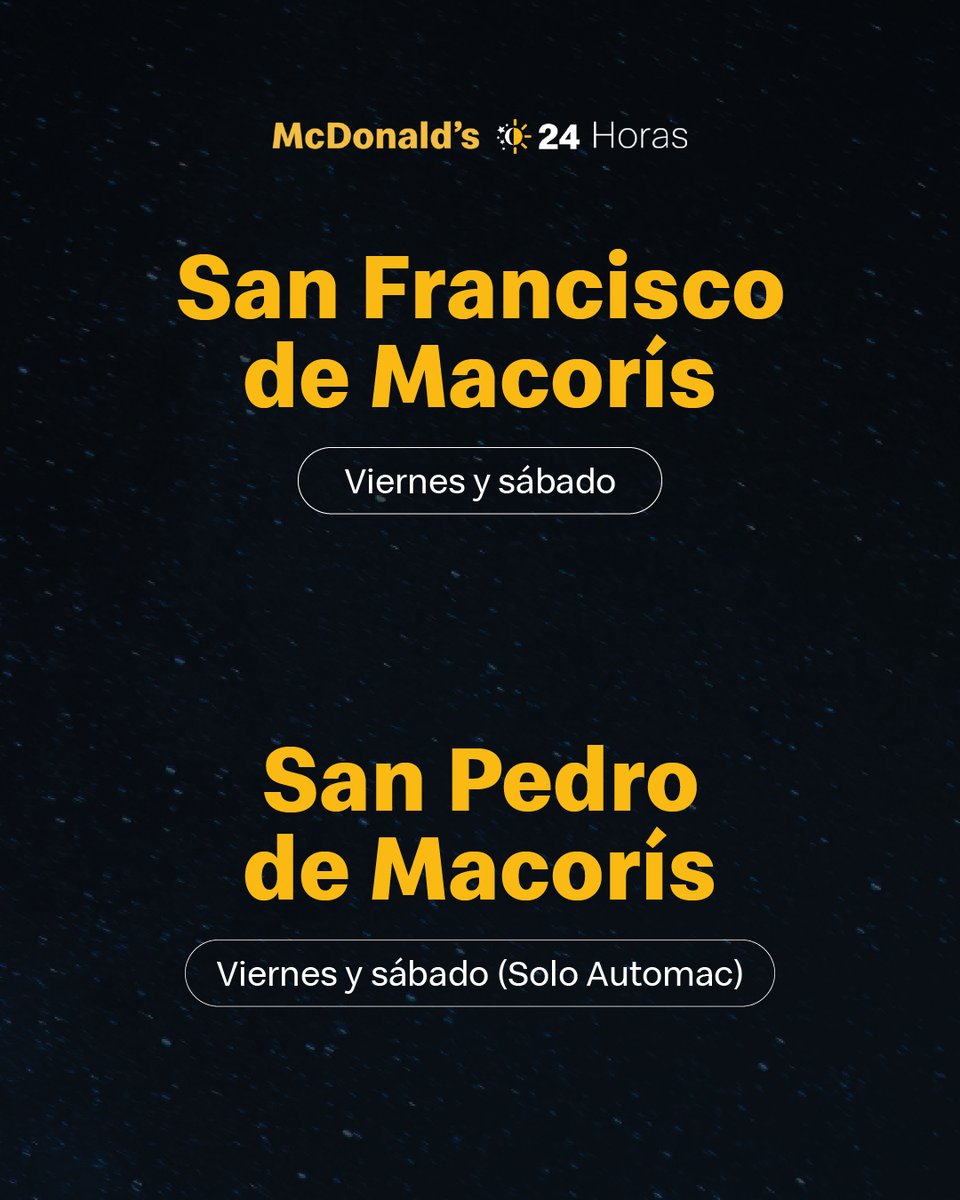 Para esas madrugadas que no son pa' dormir, sino pa' picar. 🌙🍗😉

Aquí siempre hay algo esperando por ti.

⏰ McDonald’s 24 horas. Desliza para conocer los horarios de tu sucursal más cercana.

#VivirAloMAC #McDonaldsRD #McDonalds #MeEncanta