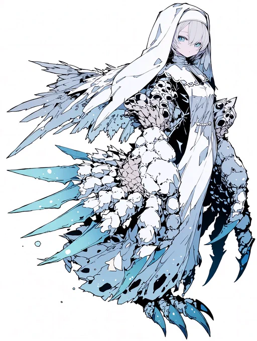 #晴天アポカリプス 越夜隊 白の聖歌隊 : バイオ技術の積極的な取り入れにより,白の聖歌隊の構成員の多くは人外的身体要素をその体に組み込んでいる. 機能維持のために定期的な安定剤の摂取が必要であるが,その主成分は人体に由来するものであり,「現地調達」も時折行われている.