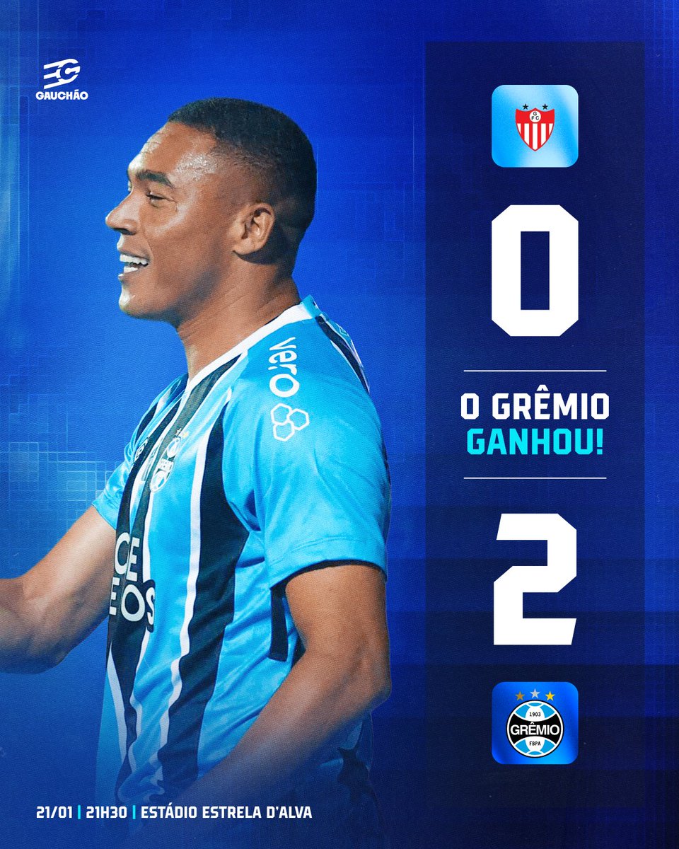 VENCE O GRÊMIO! 🇪🇪 Guarany de Bagé 0x2 #Grêmio  
A torcida Tricolor se fez presente no Sul do estado, alentou do início ao fim e conduziu o Imortal a mais uma vitória no #Gauchão2026. Carlos Vinícius e Edenilson balançaram as redes em Bagé. VAMOSSSS! 💙💪🏾
#GFCxGRE