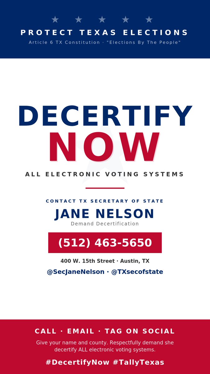 Lorionafarm's tweet photo. @GovAbbottPress @GregAbbott_TX Call your 6th SOS appointee and tell her to #decertify ALL those insecure voting systems.
Restore our Republic
"In all elections by the people..." Tx Constitution Article 6 Sec. 4 https://t.co/c1LBxAwp37