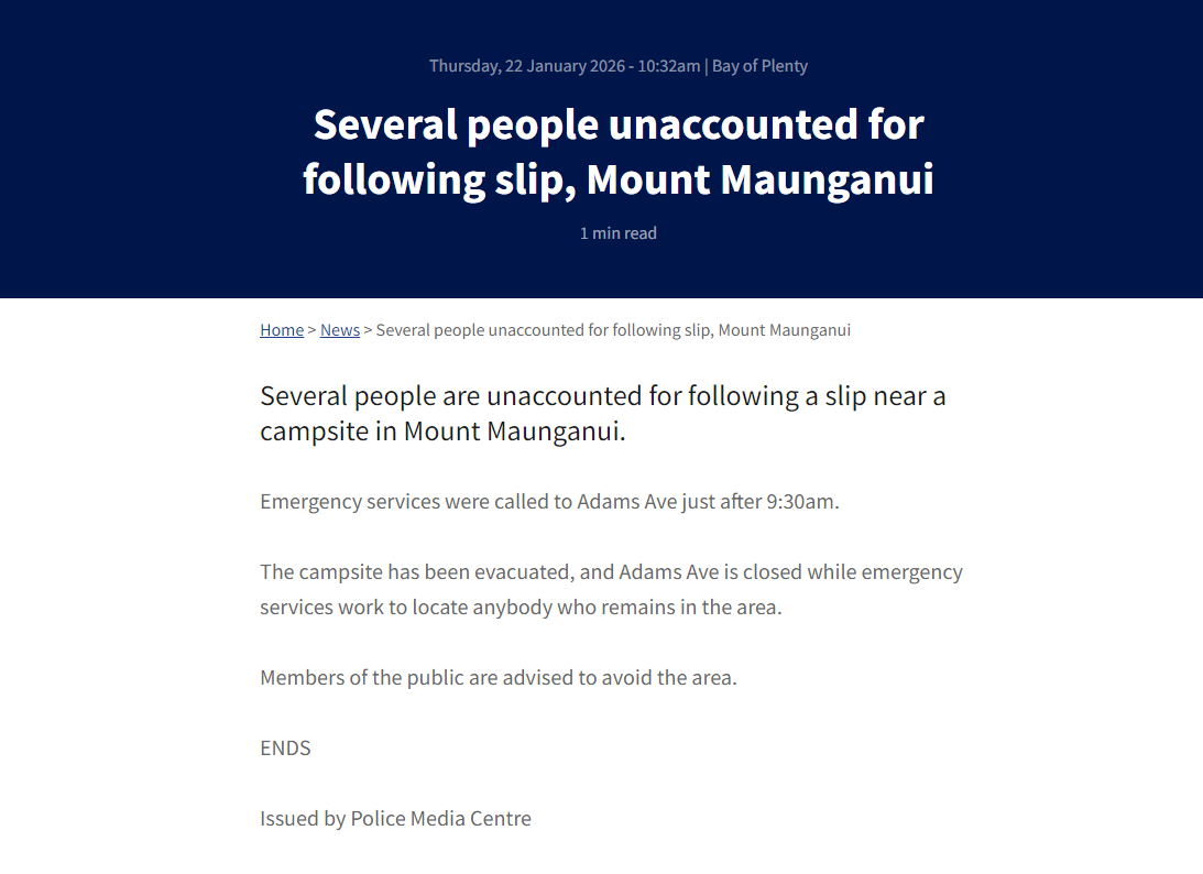 CGTNOfficial's tweet photo. #NewZealand Police said in a statement on Thursday that several people were unaccounted for following a slip near a campsite in Mount #Maunganui. The police said that the campsite has been evacuated, while emergency operations are underway. https://t.co/uE3KmiP71A